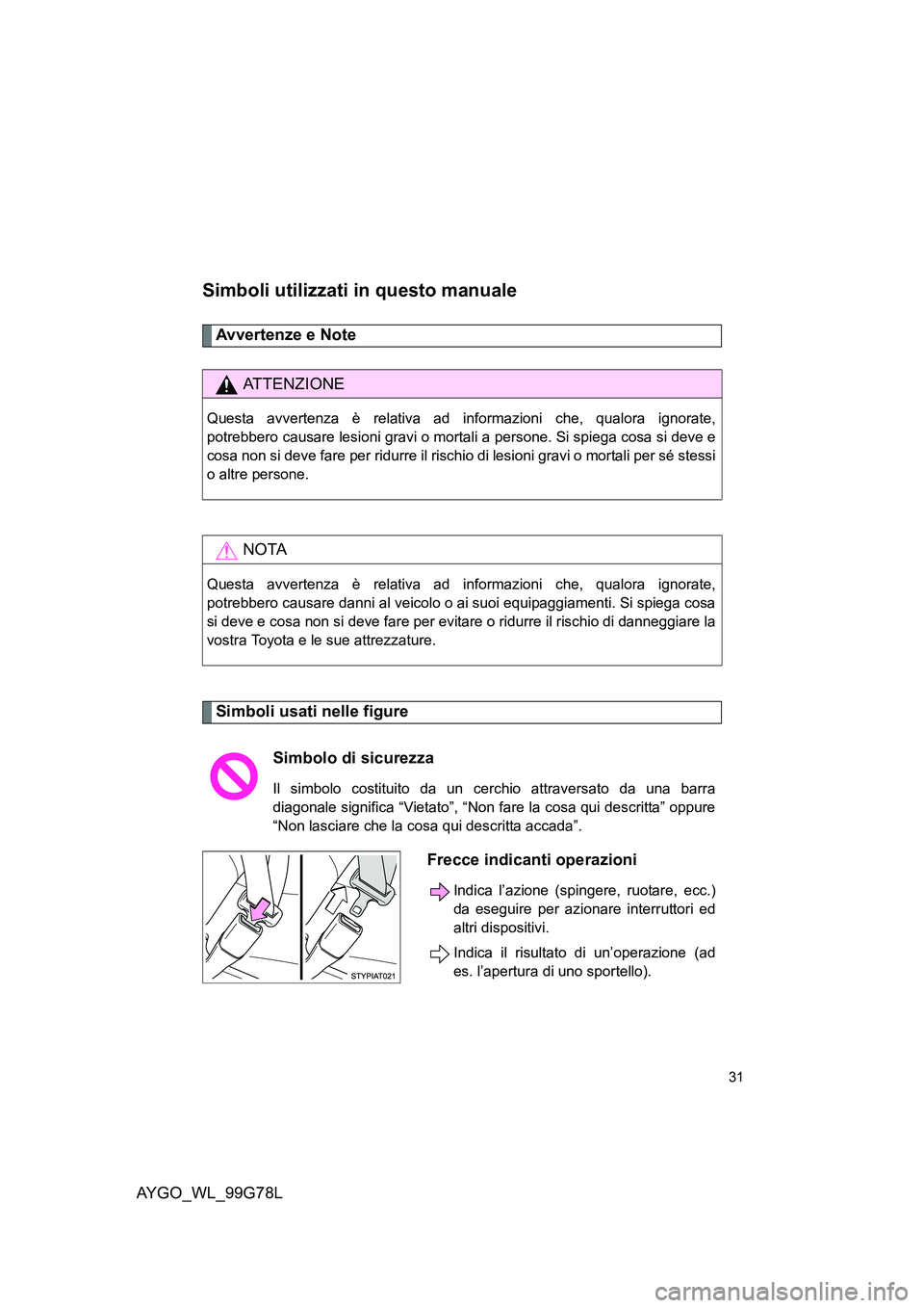 TOYOTA AYGO 2013  Manuale duso (in Italian) AYGO_WL_99G78L
31
Simboli utilizzati in questo manuale
Avvertenze e Note 
Simboli usati nelle figure
ATTENZIONE
Questa avvertenza è relativa ad informazioni che, qualora ignorate, 
potrebbero causare