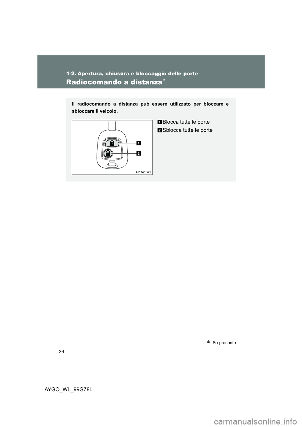 TOYOTA AYGO 2013  Manuale duso (in Italian) 36
AYGO_WL_99G78L
1-2. Apertura, chiusura e bloccaggio delle porte
Radiocomando a distanza∗
∗: Se presente
Il radiocomando a distanza può essere utilizzato per bloccare e 
sbloccare il veicolo. 
