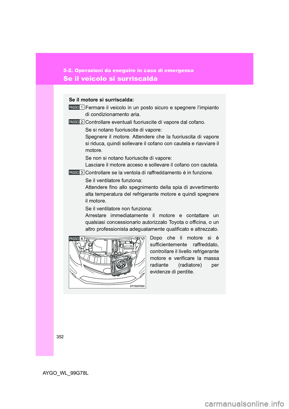 TOYOTA AYGO 2013 Manuale duso (in Italian) 352
5-2. Operazioni da eseguire in caso di emergenza
AYGO_WL_99G78L
Se il veicolo si surriscalda
Se il motore si surriscalda:
Fermare il veicolo in un posto sicuro e spegnere l’impianto
di condizi TOYOTA AYGO 2013 Manuale duso (in Italian) 352
5-2. Operazioni da eseguire in caso di emergenza
AYGO_WL_99G78L
Se il veicolo si surriscalda
Se il motore si surriscalda:
Fermare il veicolo in un posto sicuro e spegnere l’impianto
di condizi