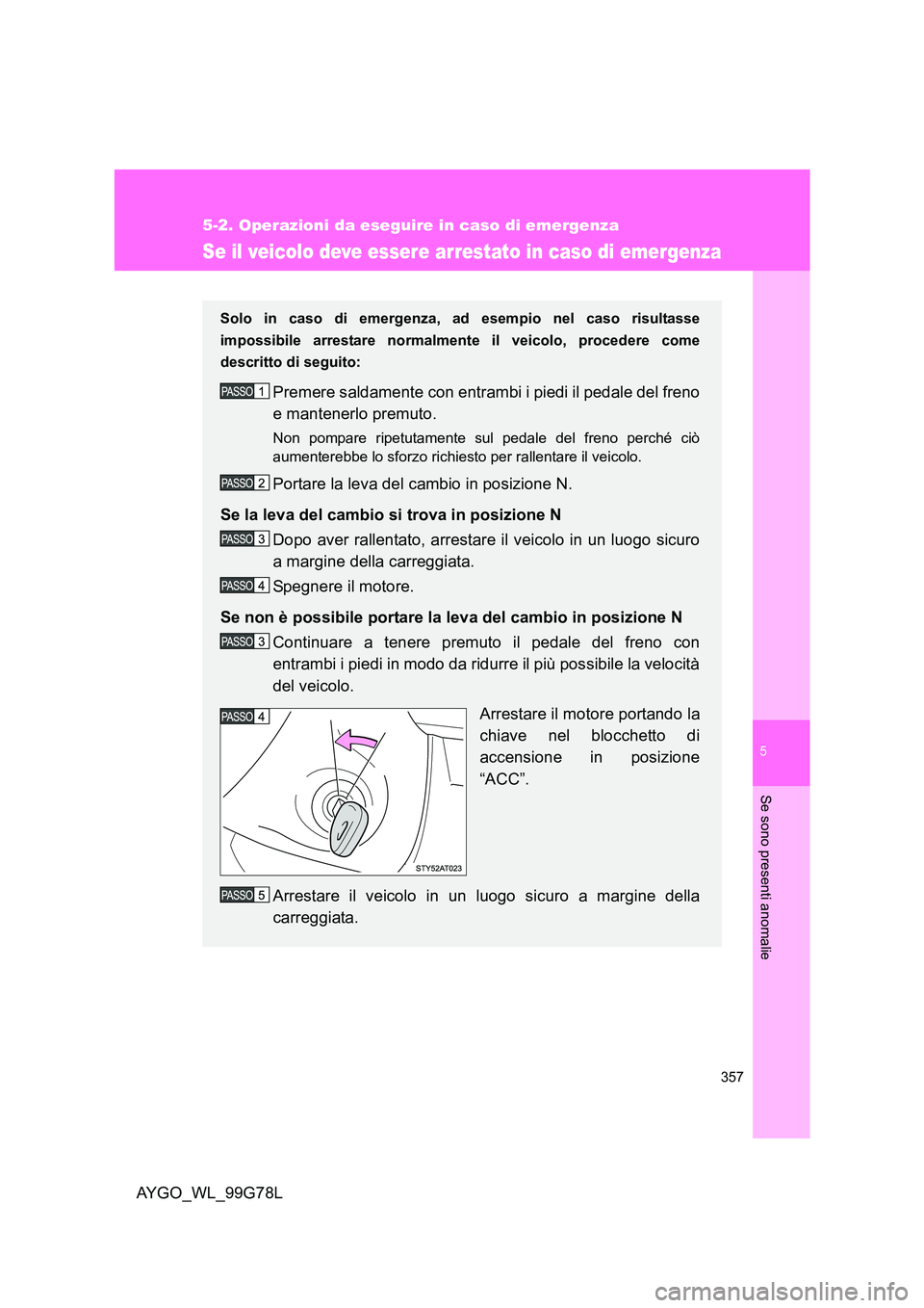 TOYOTA AYGO 2013 Manuale duso (in Italian) 5
357
5-2. Operazioni da eseguire in caso di emergenza
Se sono presenti anomalie
AYGO_WL_99G78L
Se il veicolo deve essere arrestato in caso di emergenza
Solo in caso di emergenza, ad esempio nel caso TOYOTA AYGO 2013 Manuale duso (in Italian) 5
357
5-2. Operazioni da eseguire in caso di emergenza
Se sono presenti anomalie
AYGO_WL_99G78L
Se il veicolo deve essere arrestato in caso di emergenza
Solo in caso di emergenza, ad esempio nel caso