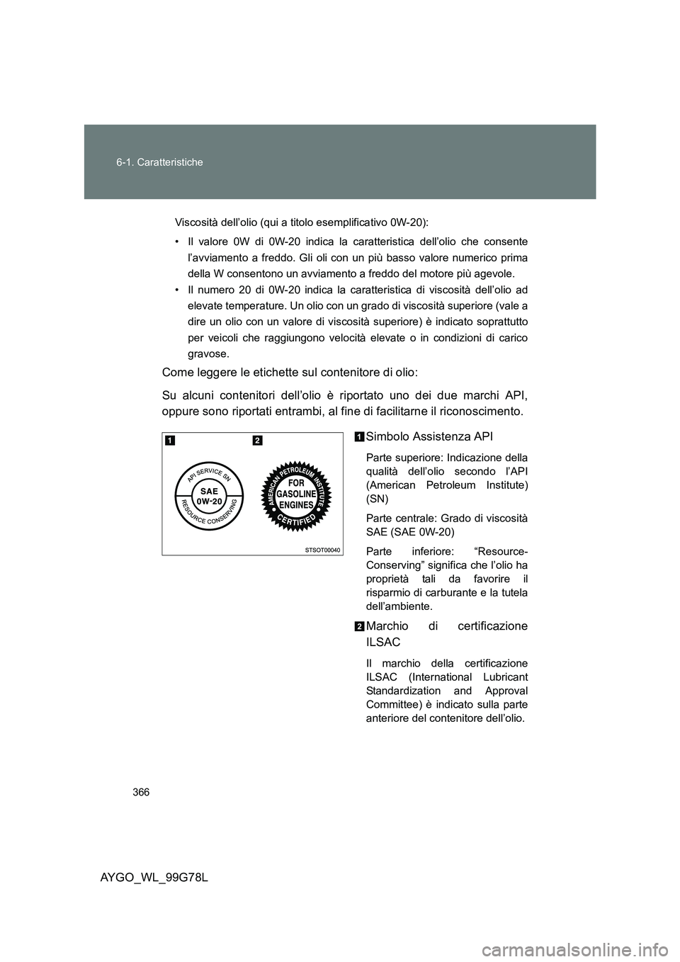 TOYOTA AYGO 2013 Manuale duso (in Italian) 366
6-1. Caratteristiche
AYGO_WL_99G78L
Viscosità dell’olio (qui a titolo esemplificativo 0W-20):
• Il valore 0W di 0W-20 indica la caratteristica dell’olio che consente
l’avviamento a fre TOYOTA AYGO 2013 Manuale duso (in Italian) 366
6-1. Caratteristiche
AYGO_WL_99G78L
Viscosità dell’olio (qui a titolo esemplificativo 0W-20):
• Il valore 0W di 0W-20 indica la caratteristica dell’olio che consente
l’avviamento a fre
