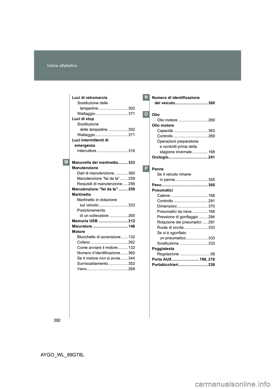 TOYOTA AYGO 2013  Manuale duso (in Italian) 382 
Indice alfabetico
AYGO_WL_99G78L
Luci di retromarcia 
Sostituzione delle 
lampadine ........................... 302
Wattaggio .............................. 371 
Luci di stop 
Sostituzione 
delle