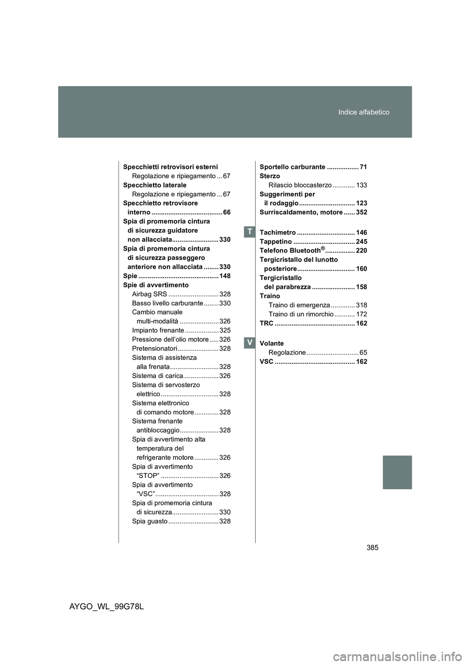 TOYOTA AYGO 2013  Manuale duso (in Italian) 385 
Indice alfabetico
AYGO_WL_99G78L
Specchietti retrovisori esterni 
Regolazione e ripiegamento ... 67
Specchietto laterale
Regolazione e ripiegamento ... 67 
Specchietto retrovisore  
interno .....
