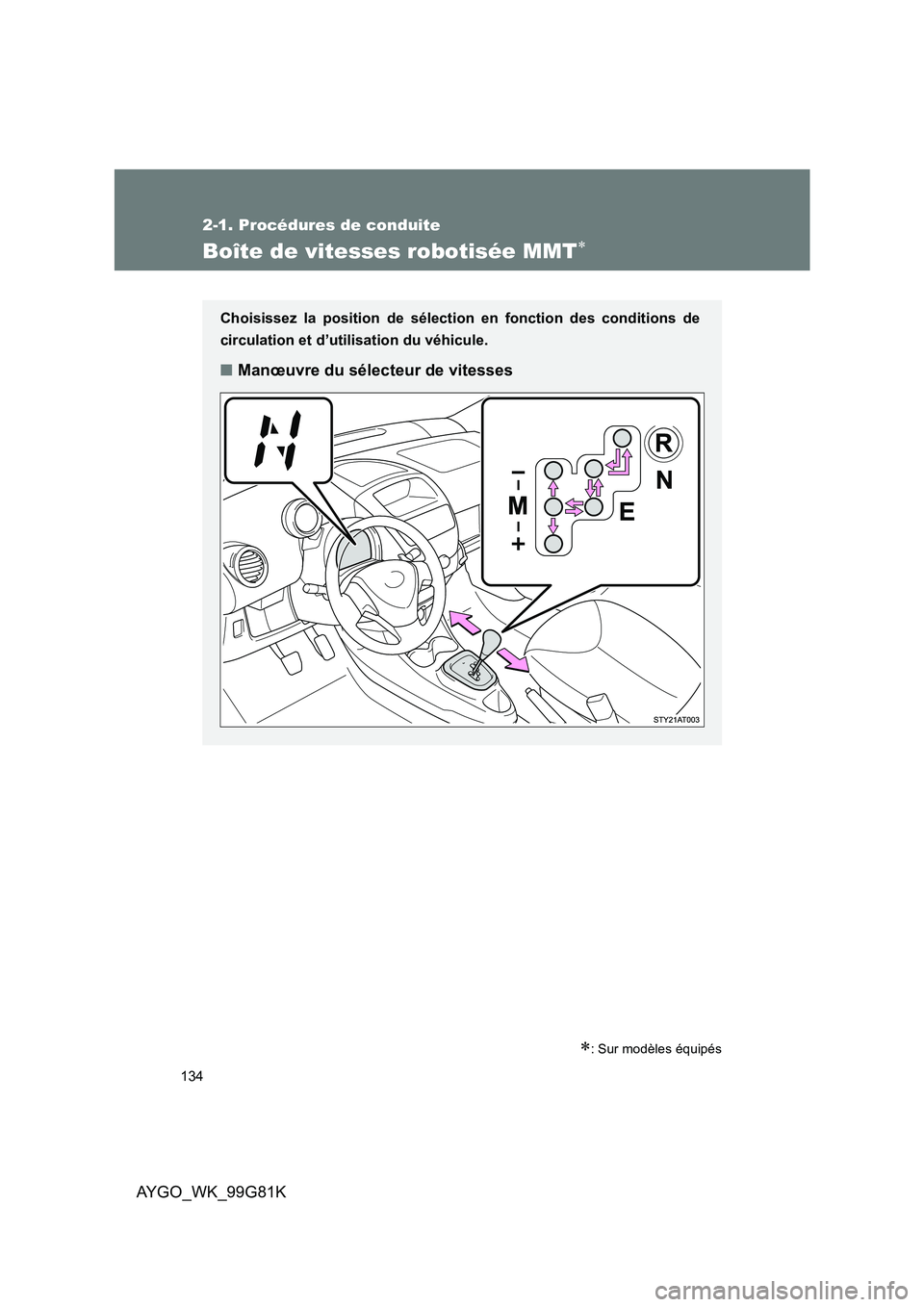 TOYOTA AYGO 2014 Notices Demploi (in French) 134
2-1. Procédures de conduite
AYGO_WK_99G81K
Boîte de vitesses robotisée MMT∗
∗: Sur modèles équipés
Choisissez la position de sélection en fonction des conditions de
circulation et d’ TOYOTA AYGO 2014 Notices Demploi (in French) 134
2-1. Procédures de conduite
AYGO_WK_99G81K
Boîte de vitesses robotisée MMT∗
∗: Sur modèles équipés
Choisissez la position de sélection en fonction des conditions de
circulation et d’