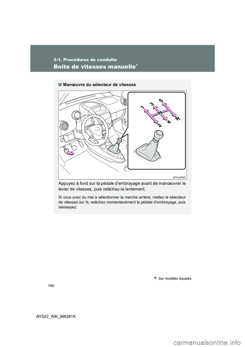 TOYOTA AYGO 2014 Notices Demploi (in French) 140
2-1. Procédures de conduite
AYGO_WK_99G81K
Boîte de vitesses manuelle∗
∗: Sur modèles équipés
■Manœuvre du sélecteur de vitesses
Appuyez à fond sur la pédale d’embrayage avant de TOYOTA AYGO 2014 Notices Demploi (in French) 140
2-1. Procédures de conduite
AYGO_WK_99G81K
Boîte de vitesses manuelle∗
∗: Sur modèles équipés
■Manœuvre du sélecteur de vitesses
Appuyez à fond sur la pédale d’embrayage avant de