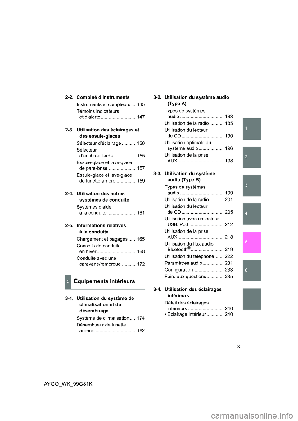 TOYOTA AYGO 2014  Notices Demploi (in French) 1
2
3
4
5
6
3
AYGO_WK_99G81K
2-2. Combiné d’instruments 
Instruments et compteurs ...  145 
Témoins indicateurs  
et d’alerte ..........................  147 
2-3. Utilisation des éclairages et