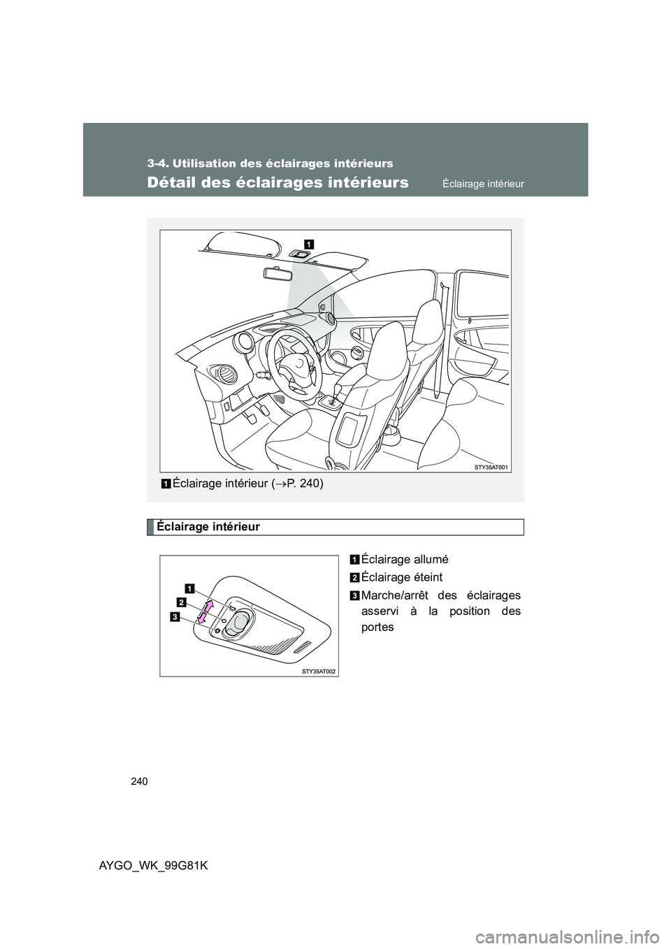 TOYOTA AYGO 2014 Notices Demploi (in French) 240
AYGO_WK_99G81K
3-4. Utilisation des éclairages intérieurs
Détail des éclairages intérieurs
Éclairage intérieur
Éclairage allumé
Éclairage éteint
Marche/arrêt des éclairages
asservi TOYOTA AYGO 2014 Notices Demploi (in French) 240
AYGO_WK_99G81K
3-4. Utilisation des éclairages intérieurs
Détail des éclairages intérieurs
Éclairage intérieur
Éclairage allumé
Éclairage éteint
Marche/arrêt des éclairages
asservi