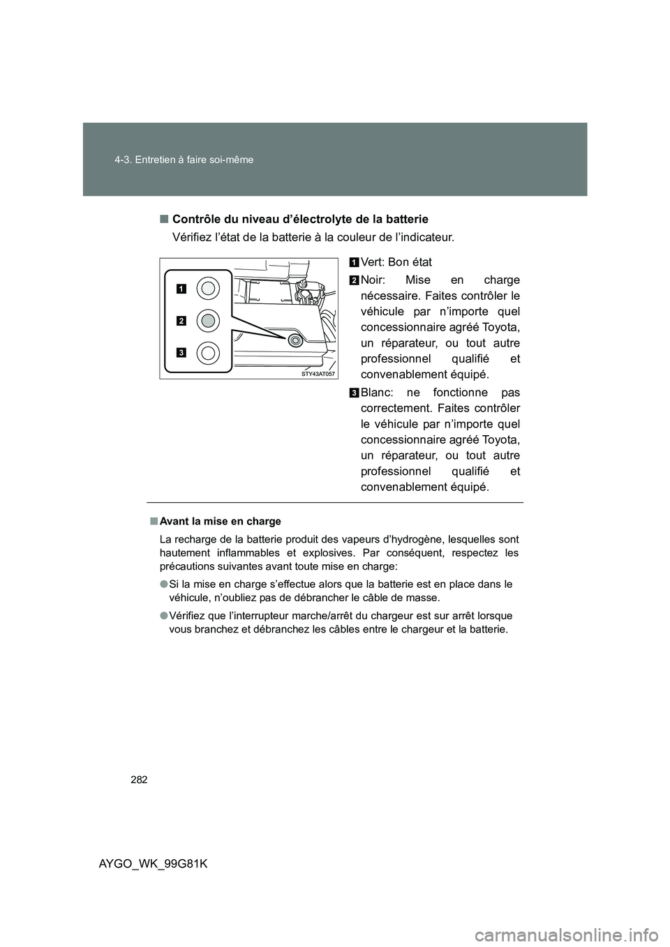 TOYOTA AYGO 2014 Notices Demploi (in French) 282
4-3. Entretien à faire soi-même
AYGO_WK_99G81K
■ Contrôle du niveau d’électrolyte de la batterie
Vérifiez l’état de la batterie à la couleur de l’indicateur.
Vert: Bon état
No TOYOTA AYGO 2014 Notices Demploi (in French) 282
4-3. Entretien à faire soi-même
AYGO_WK_99G81K
■ Contrôle du niveau d’électrolyte de la batterie
Vérifiez l’état de la batterie à la couleur de l’indicateur.
Vert: Bon état
No