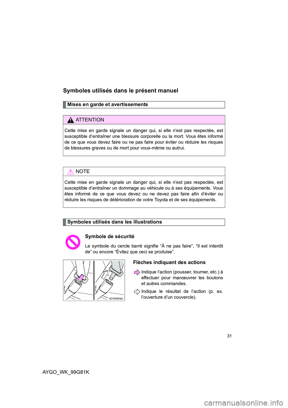 TOYOTA AYGO 2014 Notices Demploi (in French) AYGO_WK_99G81K
31
Symboles utilisés dans le présent manuel
Mises en garde et avertissements
Symboles utilisés dans les illustrations
AT T E N T I O N
Cette mise en garde signale un danger qui, si TOYOTA AYGO 2014 Notices Demploi (in French) AYGO_WK_99G81K
31
Symboles utilisés dans le présent manuel
Mises en garde et avertissements
Symboles utilisés dans les illustrations
AT T E N T I O N
Cette mise en garde signale un danger qui, si
