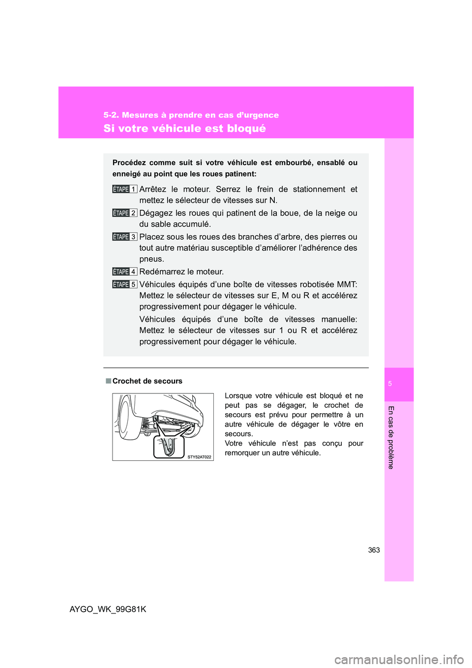 TOYOTA AYGO 2014 Notices Demploi (in French) 5
363
5-2. Mesures à prendre en cas d’urgence
En cas de problème
AYGO_WK_99G81K
Si votre véhicule est bloqué
■Crochet de secours
Procédez comme suit si votre véhicule est embourbé, ensabl TOYOTA AYGO 2014 Notices Demploi (in French) 5
363
5-2. Mesures à prendre en cas d’urgence
En cas de problème
AYGO_WK_99G81K
Si votre véhicule est bloqué
■Crochet de secours
Procédez comme suit si votre véhicule est embourbé, ensabl