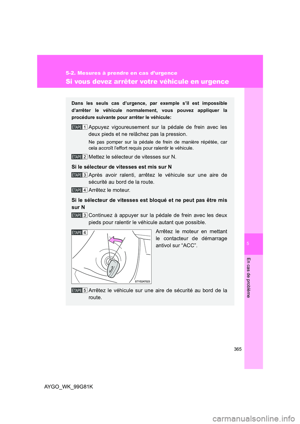 TOYOTA AYGO 2014 Notices Demploi (in French) 5
365
5-2. Mesures à prendre en cas d’urgence
En cas de problème
AYGO_WK_99G81K
Si vous devez arrêter votre véhicule en urgence
Dans les seuls cas d’urgence, par exemple s’il est impossible
TOYOTA AYGO 2014 Notices Demploi (in French) 5
365
5-2. Mesures à prendre en cas d’urgence
En cas de problème
AYGO_WK_99G81K
Si vous devez arrêter votre véhicule en urgence
Dans les seuls cas d’urgence, par exemple s’il est impossible