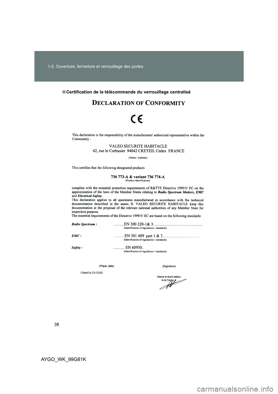 TOYOTA AYGO 2014  Notices Demploi (in French) 38 
1-2. Ouverture, fermeture et verrouillage des portes
AYGO_WK_99G81K
■ Certification de la télécommande du verrouillage centralisé 