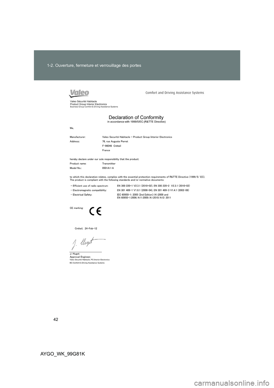 TOYOTA AYGO 2014  Notices Demploi (in French) 42 
1-2. Ouverture, fermeture et verrouillage des portes
AYGO_WK_99G81K 