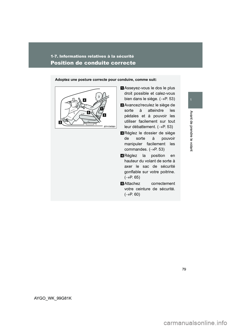 TOYOTA AYGO 2014 Notices Demploi (in French) 79
1
Avant de prendre le volant
AYGO_WK_99G81K
1-7. Informations relatives à la sécurité
Position de conduite correcte
Adoptez une posture correcte pour conduire, comme suit:
Asseyez-vous le dos le TOYOTA AYGO 2014 Notices Demploi (in French) 79
1
Avant de prendre le volant
AYGO_WK_99G81K
1-7. Informations relatives à la sécurité
Position de conduite correcte
Adoptez une posture correcte pour conduire, comme suit:
Asseyez-vous le dos le