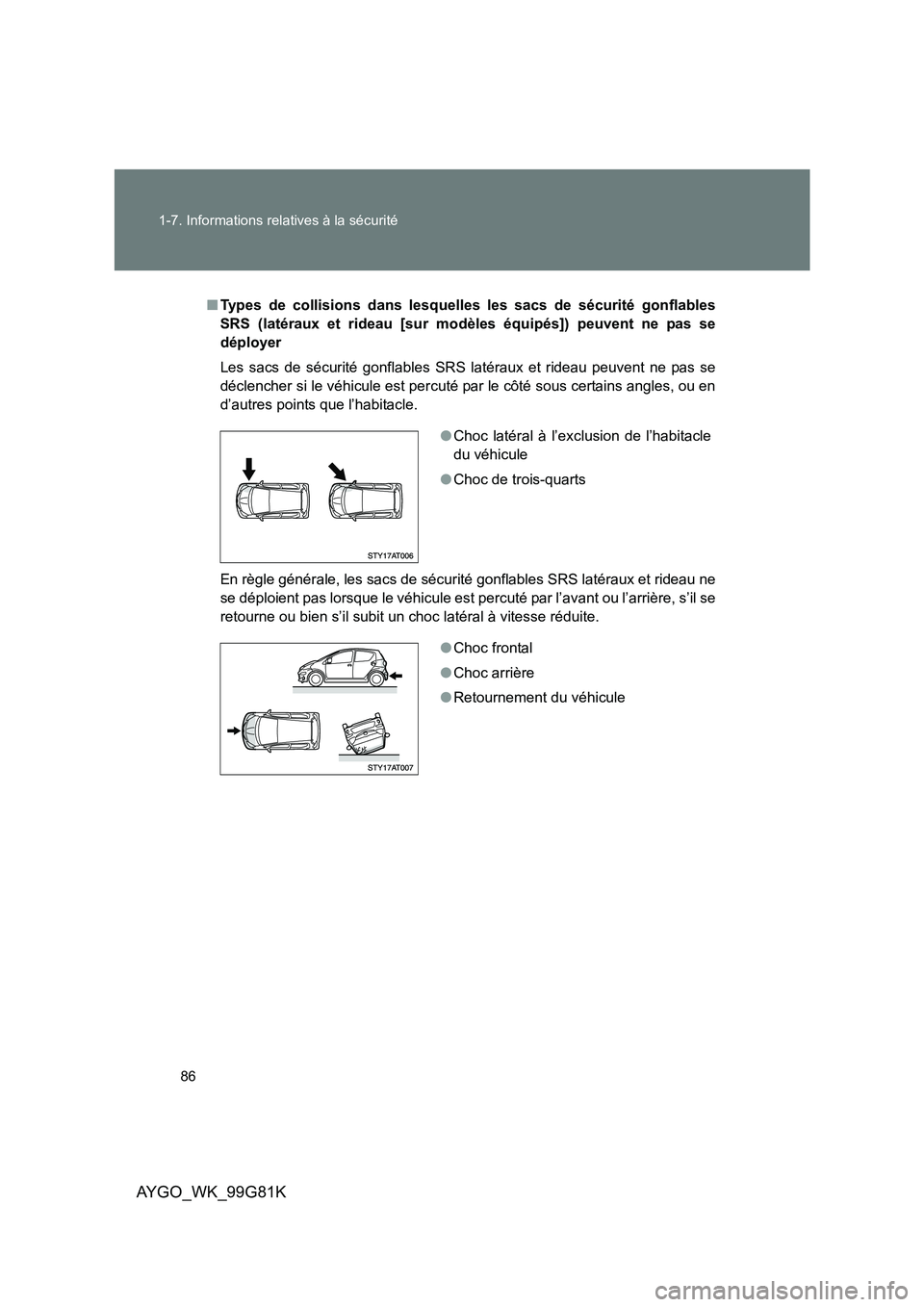 TOYOTA AYGO 2014  Notices Demploi (in French) 86 
1-7. Informations relatives à la sécurité
AYGO_WK_99G81K
■ Types de collisions dans lesquelles les sacs de sécurité gonflables 
SRS (latéraux et rideau [sur mo dèles équipés]) peuvent n