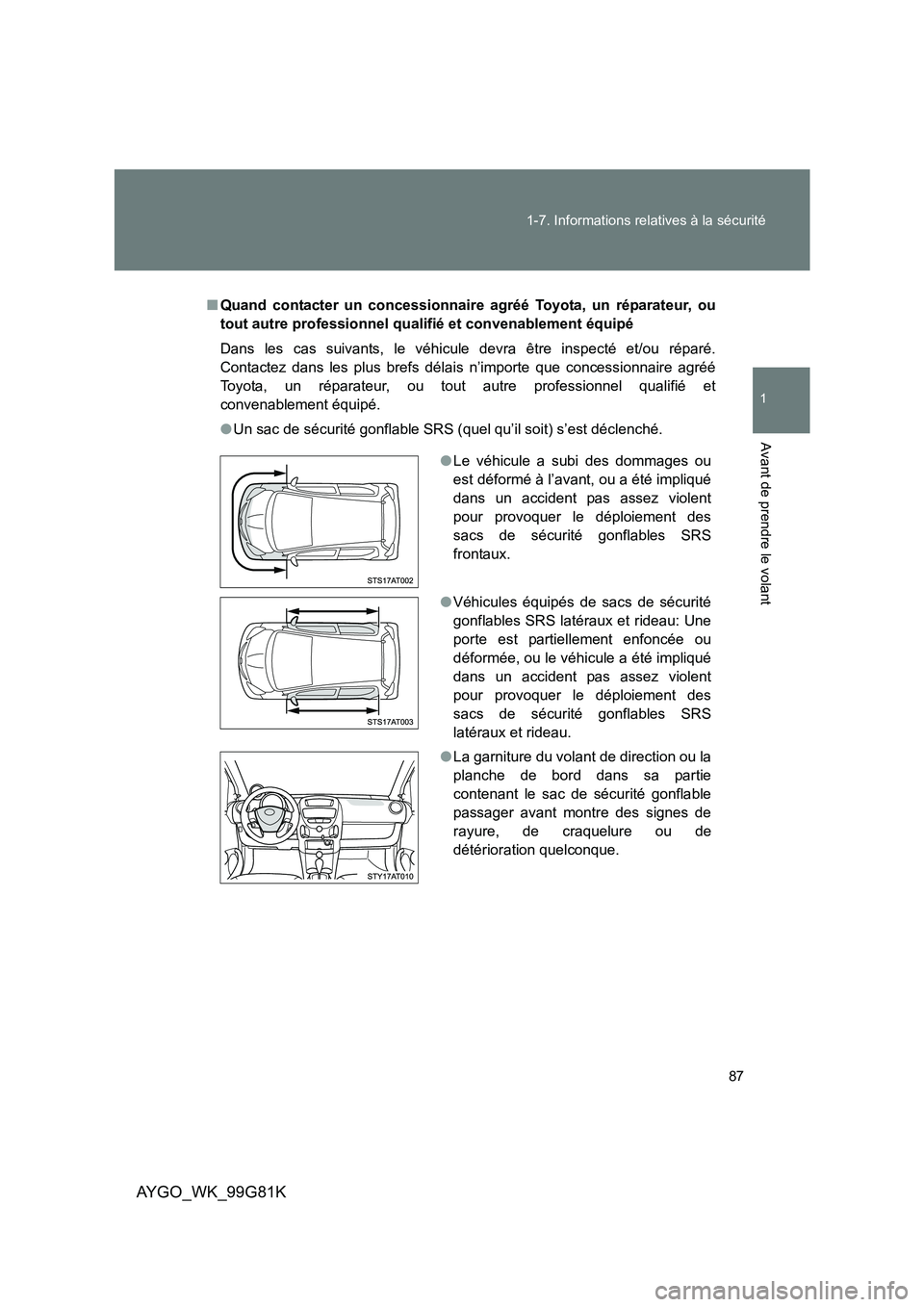 TOYOTA AYGO 2014 Notices Demploi (in French) 87
1-7. Informations relatives à la sécurité
1
Avant de prendre le volant
AYGO_WK_99G81K
■ Quand contacter un concessionnaire agréé Toyota, un réparateur, ou
tout autre professionnel qualifi TOYOTA AYGO 2014 Notices Demploi (in French) 87
1-7. Informations relatives à la sécurité
1
Avant de prendre le volant
AYGO_WK_99G81K
■ Quand contacter un concessionnaire agréé Toyota, un réparateur, ou
tout autre professionnel qualifi