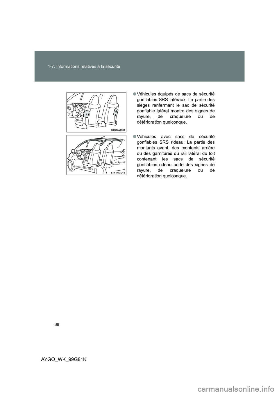 TOYOTA AYGO 2014 Notices Demploi (in French) 88
1-7. Informations relatives à la sécurité
AYGO_WK_99G81K
● Véhicules équipés de sacs de sécurité
gonflables SRS latéraux: La partie des
sièges renfermant le sac de sécurité
gonflabl TOYOTA AYGO 2014 Notices Demploi (in French) 88
1-7. Informations relatives à la sécurité
AYGO_WK_99G81K
● Véhicules équipés de sacs de sécurité
gonflables SRS latéraux: La partie des
sièges renfermant le sac de sécurité
gonflabl