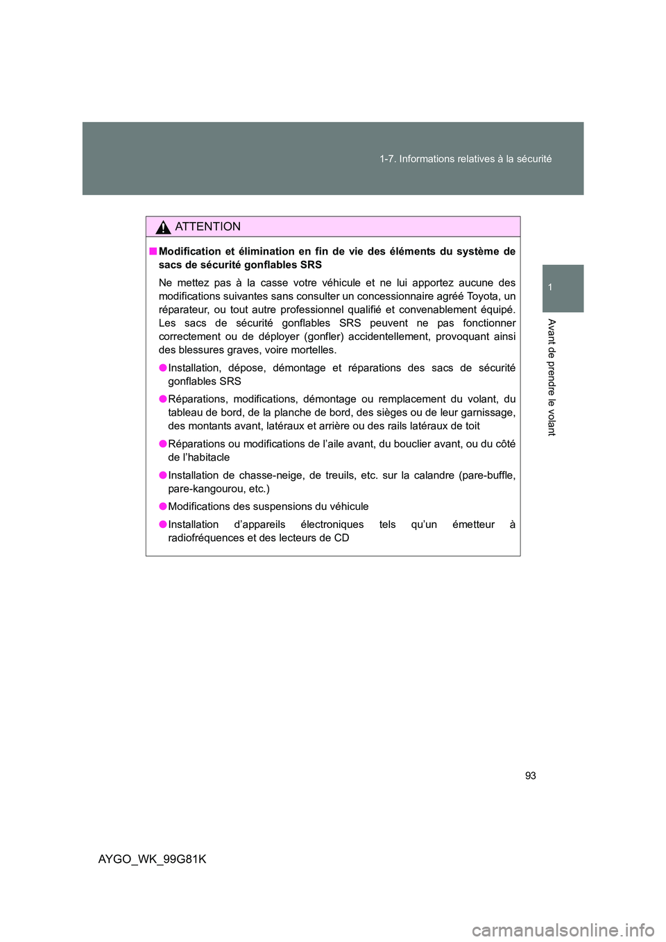 TOYOTA AYGO 2014 Notices Demploi (in French) 93
1-7. Informations relatives à la sécurité
1
Avant de prendre le volant
AYGO_WK_99G81K
AT T E N T I O N
■ Modification et élimination en fin de vie des éléments du système de
sacs de séc TOYOTA AYGO 2014 Notices Demploi (in French) 93
1-7. Informations relatives à la sécurité
1
Avant de prendre le volant
AYGO_WK_99G81K
AT T E N T I O N
■ Modification et élimination en fin de vie des éléments du système de
sacs de séc