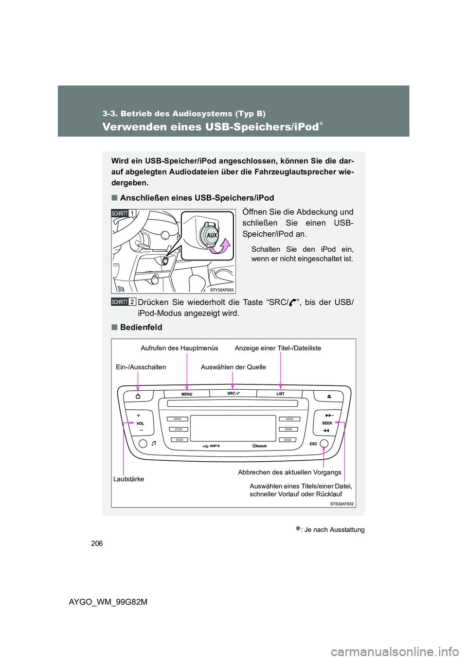 TOYOTA AYGO 2014 Betriebsanleitungen (in German) 206
3-3. Betrieb des Audiosystems (Typ B)
AYGO_WM_99G82M
Verwenden eines USB-Speichers/iPod∗
∗: Je nach Ausstattung
Wird ein USB-Speicher/iPod angeschlossen, können Sie die dar-
auf abgelegten A TOYOTA AYGO 2014 Betriebsanleitungen (in German) 206
3-3. Betrieb des Audiosystems (Typ B)
AYGO_WM_99G82M
Verwenden eines USB-Speichers/iPod∗
∗: Je nach Ausstattung
Wird ein USB-Speicher/iPod angeschlossen, können Sie die dar-
auf abgelegten A
