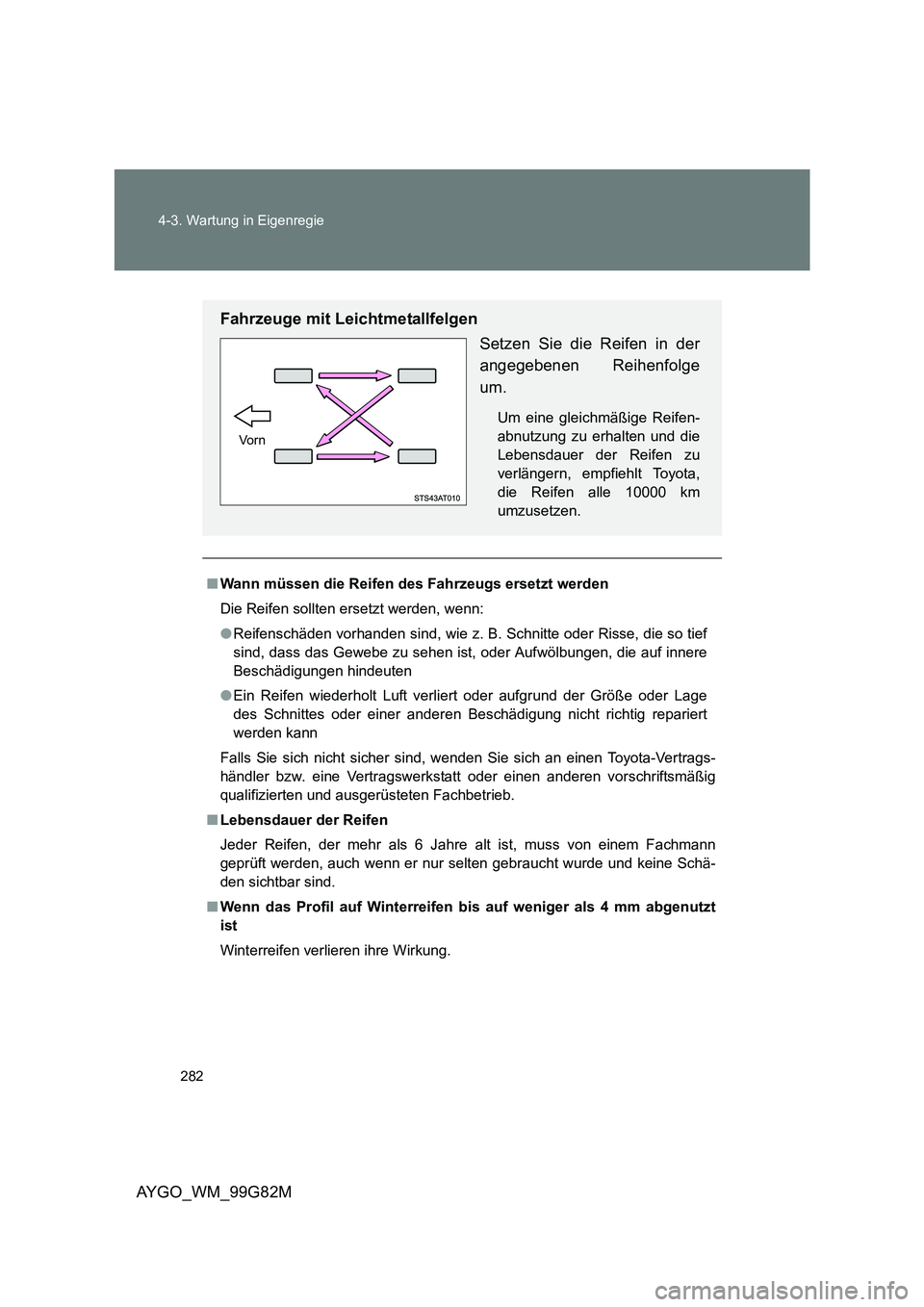 TOYOTA AYGO 2014 Betriebsanleitungen (in German) 282
4-3. Wartung in Eigenregie
AYGO_WM_99G82M
■ Wann müssen die Reifen des Fahrzeugs ersetzt werden
Die Reifen sollten ersetzt werden, wenn:
● Reifenschäden vorhanden sind, wie z. B. Schnitte TOYOTA AYGO 2014 Betriebsanleitungen (in German) 282
4-3. Wartung in Eigenregie
AYGO_WM_99G82M
■ Wann müssen die Reifen des Fahrzeugs ersetzt werden
Die Reifen sollten ersetzt werden, wenn:
● Reifenschäden vorhanden sind, wie z. B. Schnitte