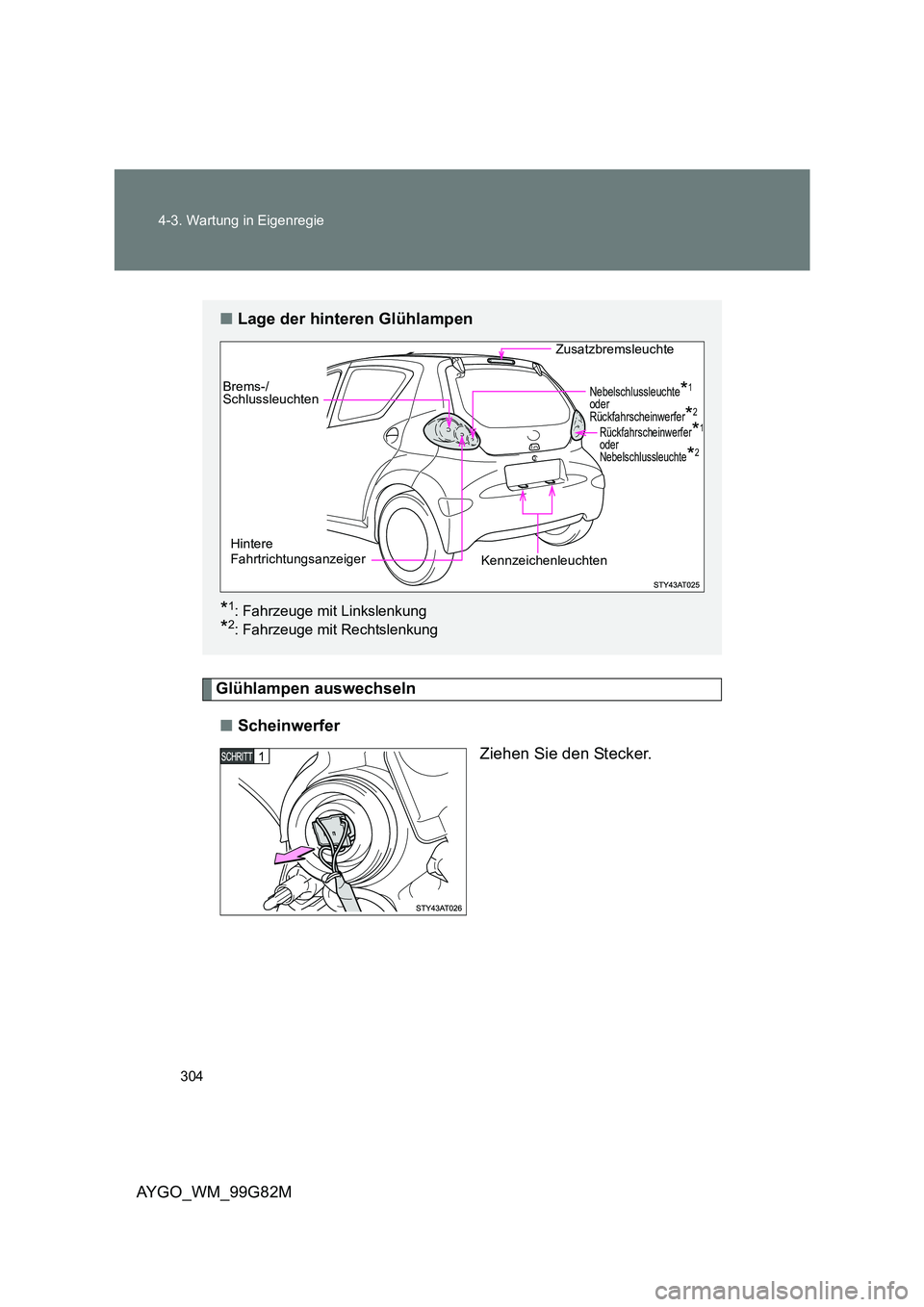 TOYOTA AYGO 2014  Betriebsanleitungen (in German) 304 
4-3. Wartung in Eigenregie
AYGO_WM_99G82M
Glühlampen auswechseln 
■ Scheinwerfer 
Ziehen Sie den Stecker.
■ Lage der hinteren Glühlampen
*1: Fahrzeuge mit Linkslenkung
*2: Fahrzeuge mit Rec