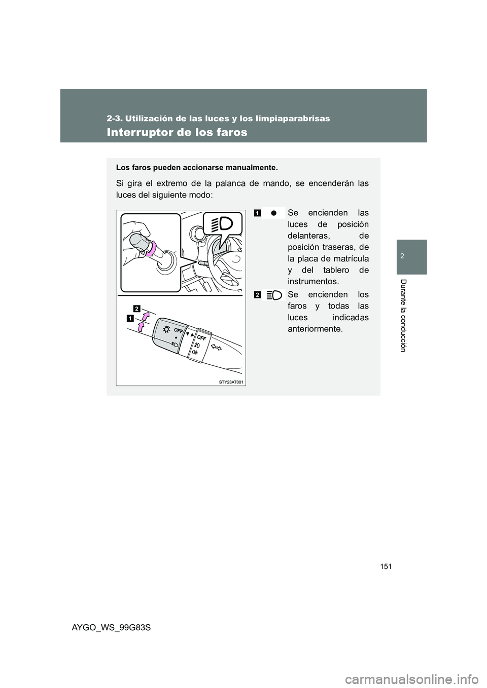TOYOTA AYGO 2014  Manuale de Empleo (in Spanish) 151
2
Durante la conducción
AYGO_WS_99G83S
2-3. Utilización de las luces y los limpiaparabrisas
Interruptor de los faros
Los faros pueden accionarse manualmente.
Si gira el extremo de la palanca de 