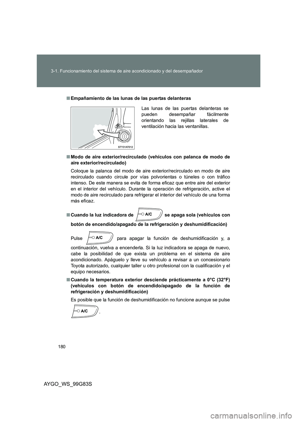 TOYOTA AYGO 2014  Manuale de Empleo (in Spanish) 180 
3-1. Funcionamiento del sistema de aire acondicionado y del desempañador
AYGO_WS_99G83S
■ Empañamiento de las lunas de las puertas delanteras 
■ Modo de aire exterior/recirculado (vehículo