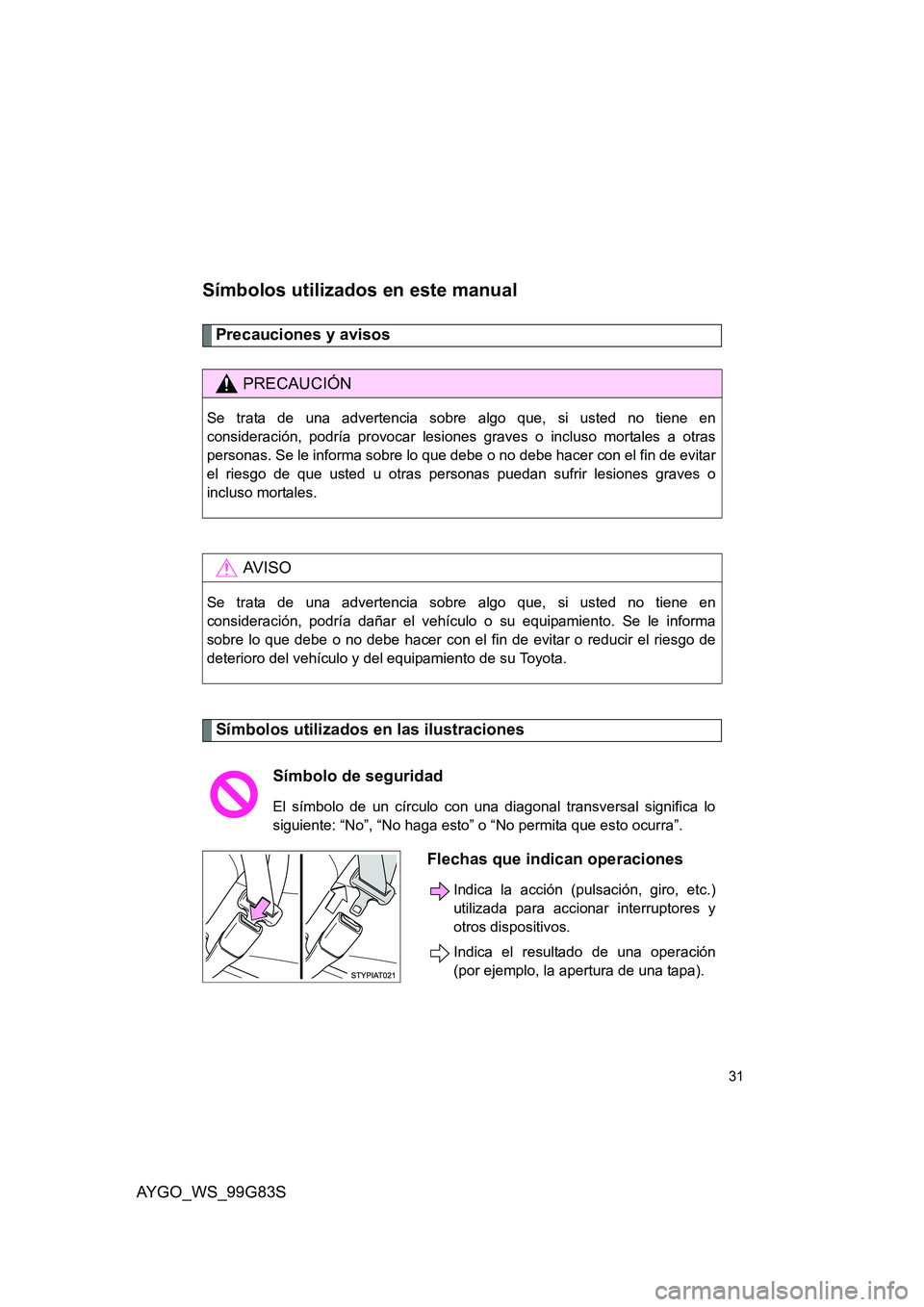 TOYOTA AYGO 2014 Manuale de Empleo (in Spanish) AYGO_WS_99G83S
31
Símbolos utilizados en este manual
Precauciones y avisos
Símbolos utilizados en las ilustraciones
PRECAUCIÓN
Se trata de una advertencia sobre algo que, si usted no tiene en
con TOYOTA AYGO 2014 Manuale de Empleo (in Spanish) AYGO_WS_99G83S
31
Símbolos utilizados en este manual
Precauciones y avisos
Símbolos utilizados en las ilustraciones
PRECAUCIÓN
Se trata de una advertencia sobre algo que, si usted no tiene en
con