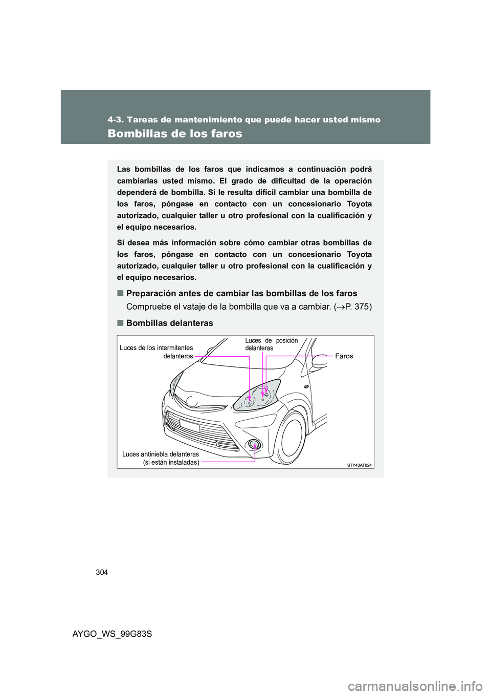 TOYOTA AYGO 2014  Manuale de Empleo (in Spanish) 304
4-3. Tareas de mantenimiento que puede hacer usted mismo
AYGO_WS_99G83S
Bombillas de los faros
Las bombillas de los faros que indicamos a continuación podrá 
cambiarlas usted mismo. El grado  de