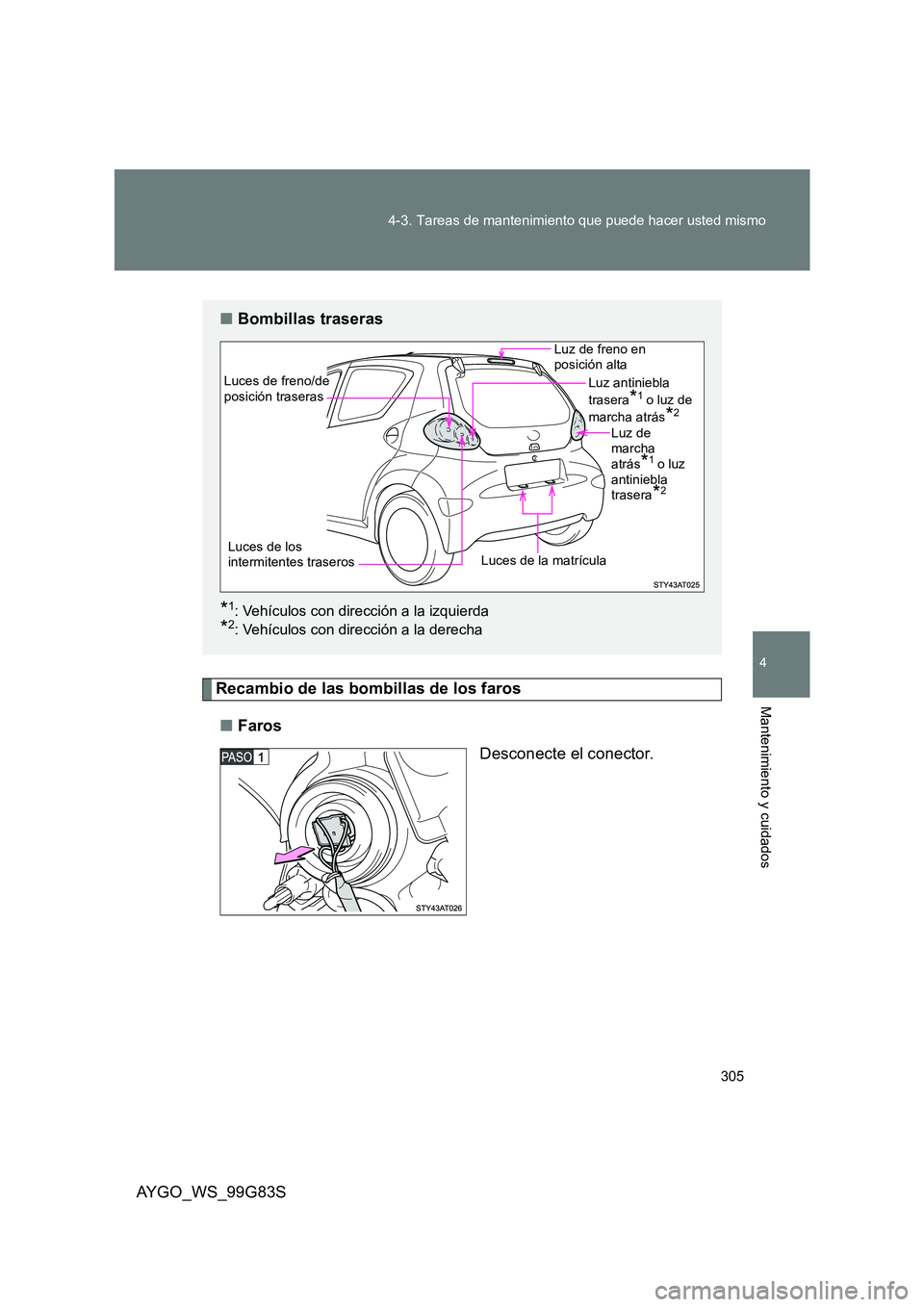 TOYOTA AYGO 2014  Manuale de Empleo (in Spanish) 305 
4-3. Tareas de mantenimiento que puede hacer usted mismo
4
Mantenimiento y cuidados
AYGO_WS_99G83S
Recambio de las bombillas de los faros 
■ Faros 
Desconecte el conector.
■ Bombillas trasera