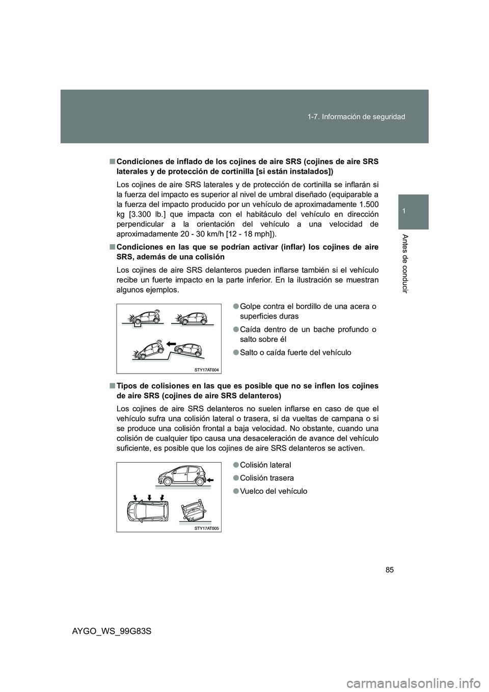 TOYOTA AYGO 2014 Manuale de Empleo (in Spanish) 85
1-7. Información de seguridad
1
Antes de conducir
AYGO_WS_99G83S
■ Condiciones de inflado de los cojines de aire SRS (cojines de aire SRS
laterales y de protección de cortinilla [si están in TOYOTA AYGO 2014 Manuale de Empleo (in Spanish) 85
1-7. Información de seguridad
1
Antes de conducir
AYGO_WS_99G83S
■ Condiciones de inflado de los cojines de aire SRS (cojines de aire SRS
laterales y de protección de cortinilla [si están in