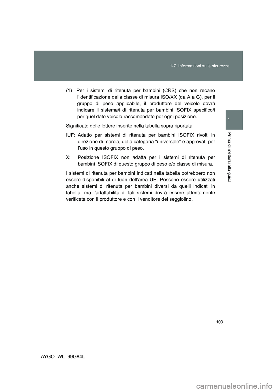 TOYOTA AYGO 2014 Manuale duso (in Italian) 103
1-7. Informazioni sulla sicurezza
1
Prima di mettersi alla guida
AYGO_WL_99G84L
(1) Per i sistemi di ritenuta per bambini (CRS) che non recano
l’identificazione della classe di misura ISO/XX TOYOTA AYGO 2014 Manuale duso (in Italian) 103
1-7. Informazioni sulla sicurezza
1
Prima di mettersi alla guida
AYGO_WL_99G84L
(1) Per i sistemi di ritenuta per bambini (CRS) che non recano
l’identificazione della classe di misura ISO/XX