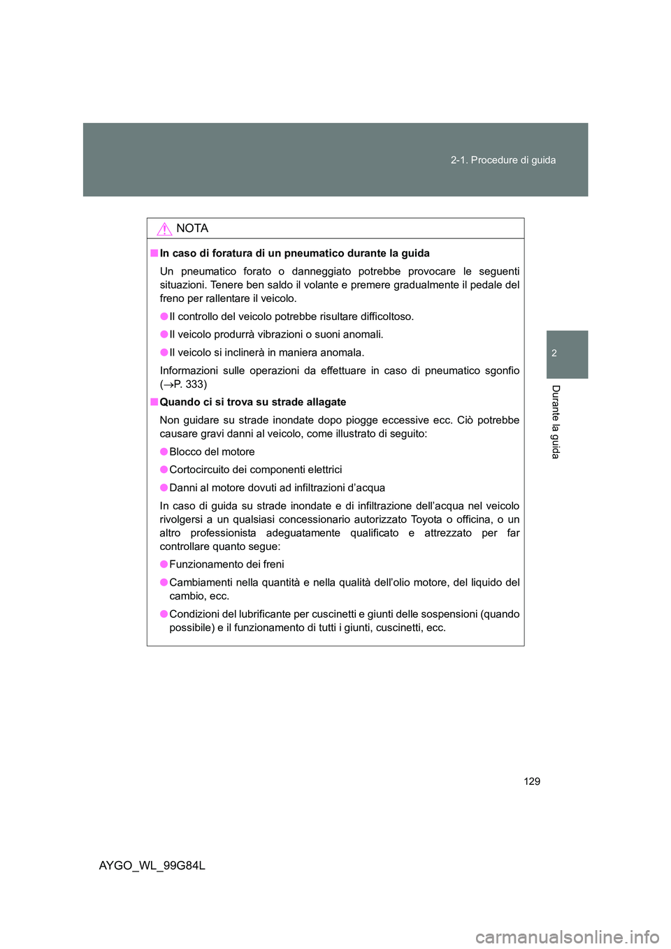 TOYOTA AYGO 2014 Manuale duso (in Italian) 129
2-1. Procedure di guida
2
Durante la guida
AYGO_WL_99G84L
NOTA
■ In caso di foratura di un pneumatico durante la guida
Un pneumatico forato o danneggiato potrebbe provocare le seguenti
situa TOYOTA AYGO 2014 Manuale duso (in Italian) 129
2-1. Procedure di guida
2
Durante la guida
AYGO_WL_99G84L
NOTA
■ In caso di foratura di un pneumatico durante la guida
Un pneumatico forato o danneggiato potrebbe provocare le seguenti
situa