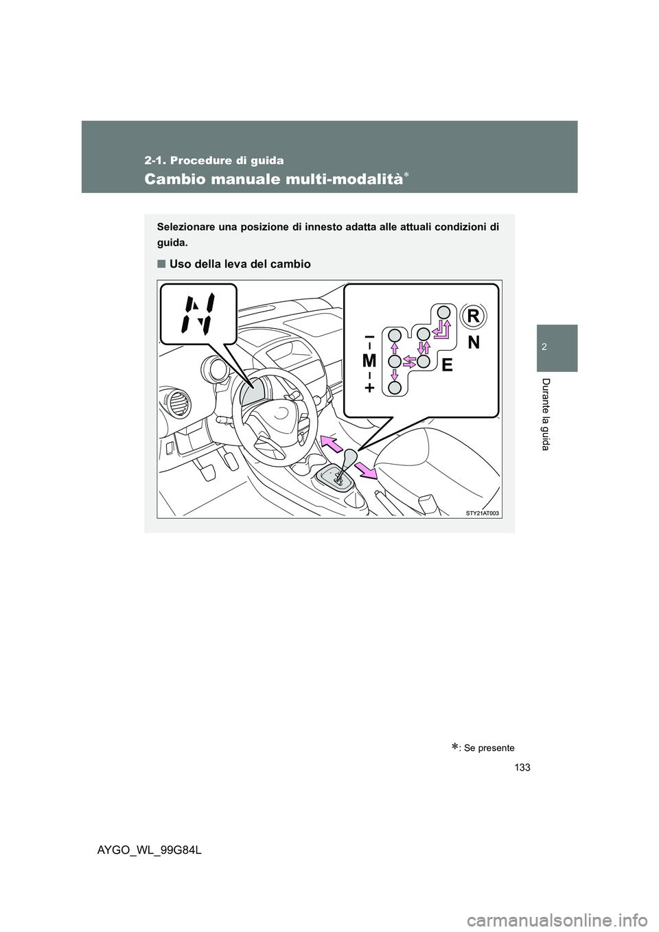 TOYOTA AYGO 2014  Manuale duso (in Italian) 133
2-1. Procedure di guida
2
Durante la guida
AYGO_WL_99G84L
Cambio manuale multi-modalità∗
∗: Se presente
Selezionare una posizione di innesto adatta alle attuali condizioni di 
guida.
■ Uso 