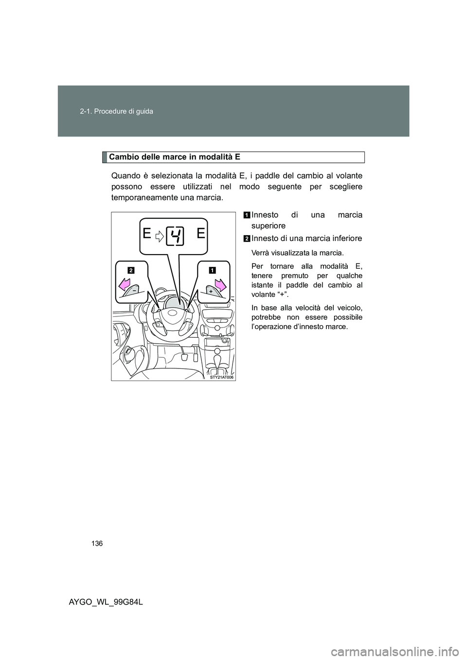 TOYOTA AYGO 2014  Manuale duso (in Italian) 136 
2-1. Procedure di guida
AYGO_WL_99G84L
Cambio delle marce in modalità E 
Quando è selezionata la modalità E, i paddle del cambio al volante 
possono essere utilizzati nel modo seguente per sce