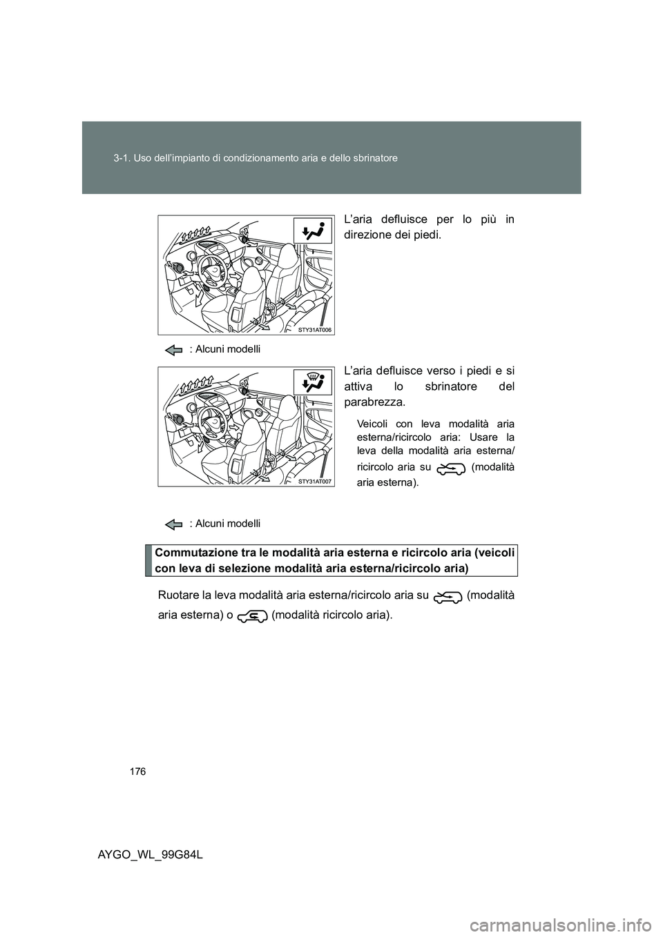 TOYOTA AYGO 2014 Manuale duso (in Italian) 176
3-1. Uso dell’impianto di condizionamento aria e dello sbrinatore
AYGO_WL_99G84L
L’aria defluisce per lo più in
direzione dei piedi.
: Alcuni modelli
L’aria defluisce verso i piedi e si
TOYOTA AYGO 2014 Manuale duso (in Italian) 176
3-1. Uso dell’impianto di condizionamento aria e dello sbrinatore
AYGO_WL_99G84L
L’aria defluisce per lo più in
direzione dei piedi.
: Alcuni modelli
L’aria defluisce verso i piedi e si