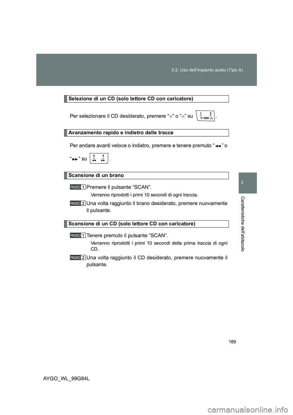 TOYOTA AYGO 2014 Manuale duso (in Italian) 189
3-2. Uso dell’impianto audio (Tipo A)
3
Caratteristiche dell’abitacolo
AYGO_WL_99G84L
Selezione di un CD (solo lettore CD con caricatore)
Per selezionare il CD desiderato, premere “ ∨” TOYOTA AYGO 2014 Manuale duso (in Italian) 189
3-2. Uso dell’impianto audio (Tipo A)
3
Caratteristiche dell’abitacolo
AYGO_WL_99G84L
Selezione di un CD (solo lettore CD con caricatore)
Per selezionare il CD desiderato, premere “ ∨”