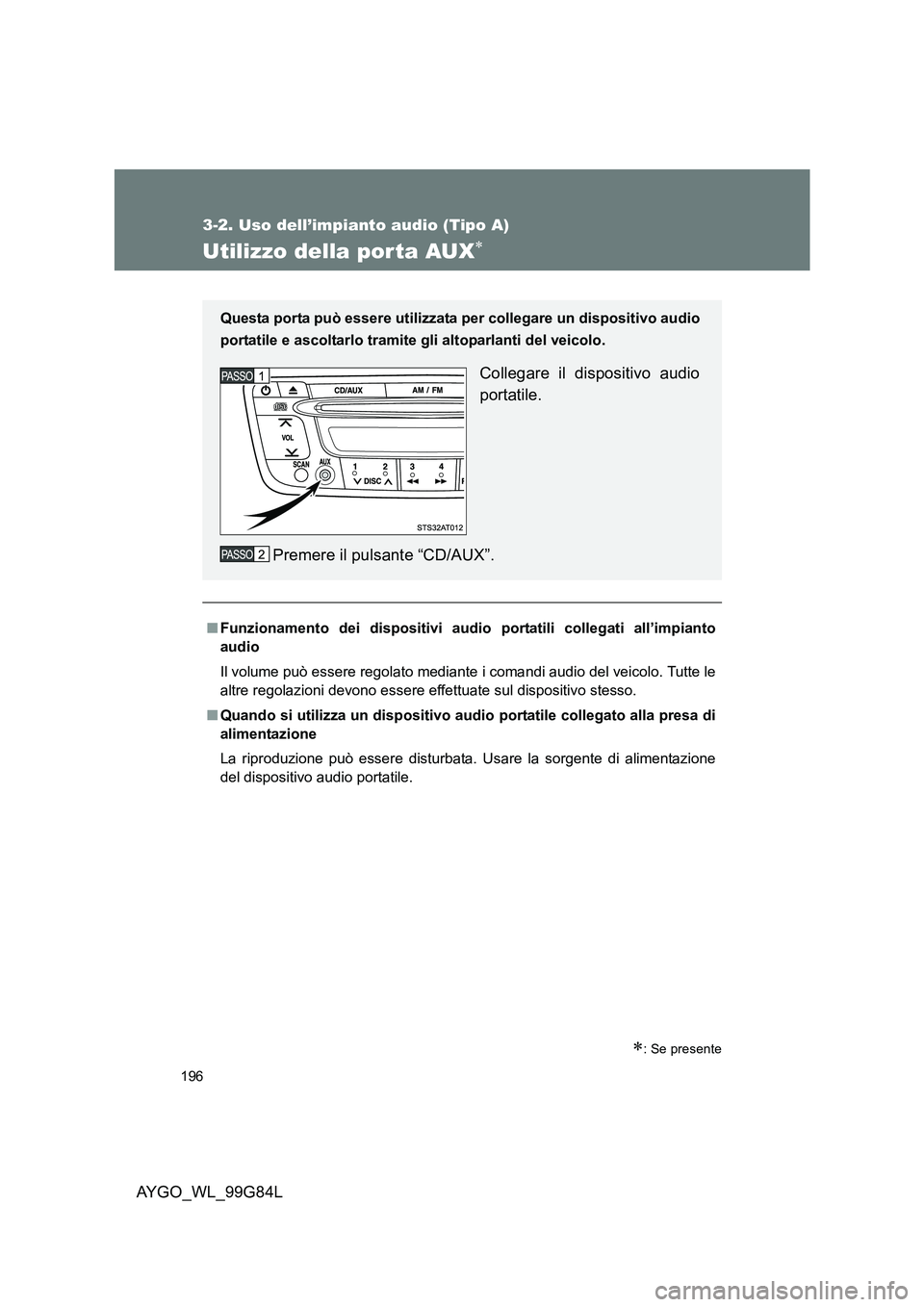 TOYOTA AYGO 2014 Manuale duso (in Italian) 196
3-2. Uso dell’impianto audio (Tipo A)
AYGO_WL_99G84L
Utilizzo della por ta AUX∗
∗: Se presente
■Funzionamento dei dispositivi audio portatili collegati all’impianto
audio
Il volume pu TOYOTA AYGO 2014 Manuale duso (in Italian) 196
3-2. Uso dell’impianto audio (Tipo A)
AYGO_WL_99G84L
Utilizzo della por ta AUX∗
∗: Se presente
■Funzionamento dei dispositivi audio portatili collegati all’impianto
audio
Il volume pu