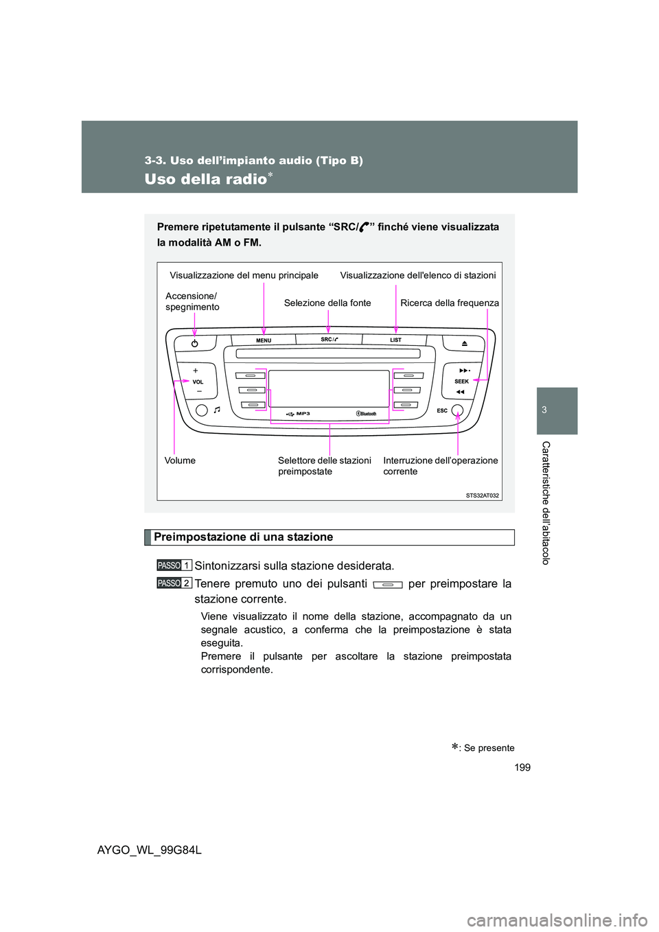 TOYOTA AYGO 2014 Manuale duso (in Italian) 199
3-3. Uso dell’impianto audio (Tipo B)
3
Caratteristiche dell’abitacolo
AYGO_WL_99G84L
Uso della radio∗
Preimpostazione di una stazione
Sintonizzarsi sulla stazione desiderata.
Tenere premu TOYOTA AYGO 2014 Manuale duso (in Italian) 199
3-3. Uso dell’impianto audio (Tipo B)
3
Caratteristiche dell’abitacolo
AYGO_WL_99G84L
Uso della radio∗
Preimpostazione di una stazione
Sintonizzarsi sulla stazione desiderata.
Tenere premu