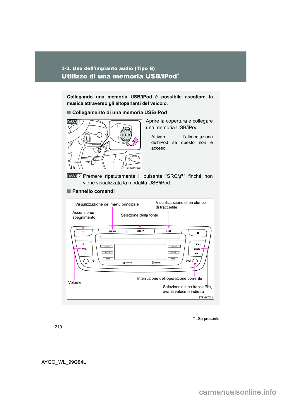 TOYOTA AYGO 2014 Manuale duso (in Italian) 210
3-3. Uso dell’impianto audio (Tipo B)
AYGO_WL_99G84L
Utilizzo di una memoria USB/iPod∗
∗: Se presente
Collegando una memoria USB/iPod è possibile ascoltare la
musica attraverso gli altopar TOYOTA AYGO 2014 Manuale duso (in Italian) 210
3-3. Uso dell’impianto audio (Tipo B)
AYGO_WL_99G84L
Utilizzo di una memoria USB/iPod∗
∗: Se presente
Collegando una memoria USB/iPod è possibile ascoltare la
musica attraverso gli altopar