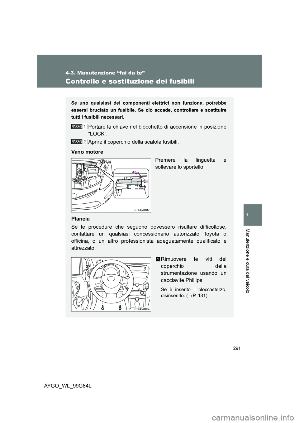 TOYOTA AYGO 2014  Manuale duso (in Italian) 291
4-3. Manutenzione “fai da te”
4
Manutenzione e cura del veicolo
AYGO_WL_99G84L
Controllo e sostituzione dei fusibili
Se uno qualsiasi dei componenti elettrici non funziona, potrebbe 
essersi b