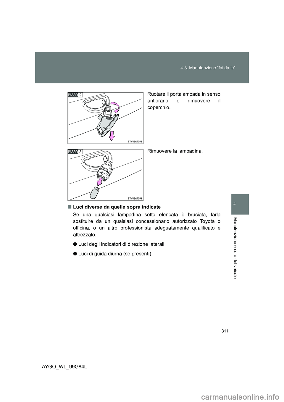 TOYOTA AYGO 2014  Manuale duso (in Italian) 311 
4-3. Manutenzione “fai da te”
4
Manutenzione e cura del veicolo
AYGO_WL_99G84L 
Ruotare il portalampada in senso 
antiorario e rimuovere il 
coperchio. 
Rimuovere la lampadina. 
■ Luci dive
