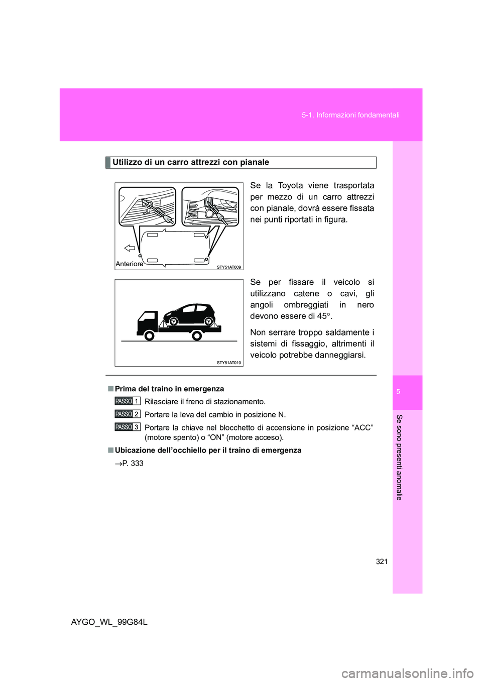 TOYOTA AYGO 2014 Manuale duso (in Italian) 5
321
5-1. Informazioni fondamentali
Se sono presenti anomalie
AYGO_WL_99G84L
Utilizzo di un carro attrezzi con pianale
Se la Toyota viene trasportata
per mezzo di un carro attrezzi
con pianale, do TOYOTA AYGO 2014 Manuale duso (in Italian) 5
321
5-1. Informazioni fondamentali
Se sono presenti anomalie
AYGO_WL_99G84L
Utilizzo di un carro attrezzi con pianale
Se la Toyota viene trasportata
per mezzo di un carro attrezzi
con pianale, do