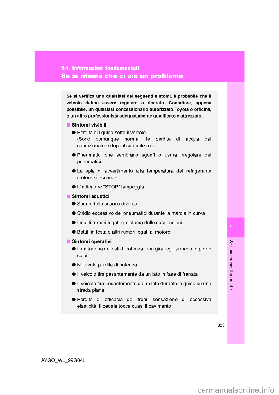 TOYOTA AYGO 2014 Manuale duso (in Italian) 5
323
5-1. Informazioni fondamentali
Se sono presenti anomalie
AYGO_WL_99G84L
Se si ritiene che ci sia un problema
Se si verifica uno qualsiasi dei seguenti sintomi, è probabile che il
veicolo debba TOYOTA AYGO 2014 Manuale duso (in Italian) 5
323
5-1. Informazioni fondamentali
Se sono presenti anomalie
AYGO_WL_99G84L
Se si ritiene che ci sia un problema
Se si verifica uno qualsiasi dei seguenti sintomi, è probabile che il
veicolo debba