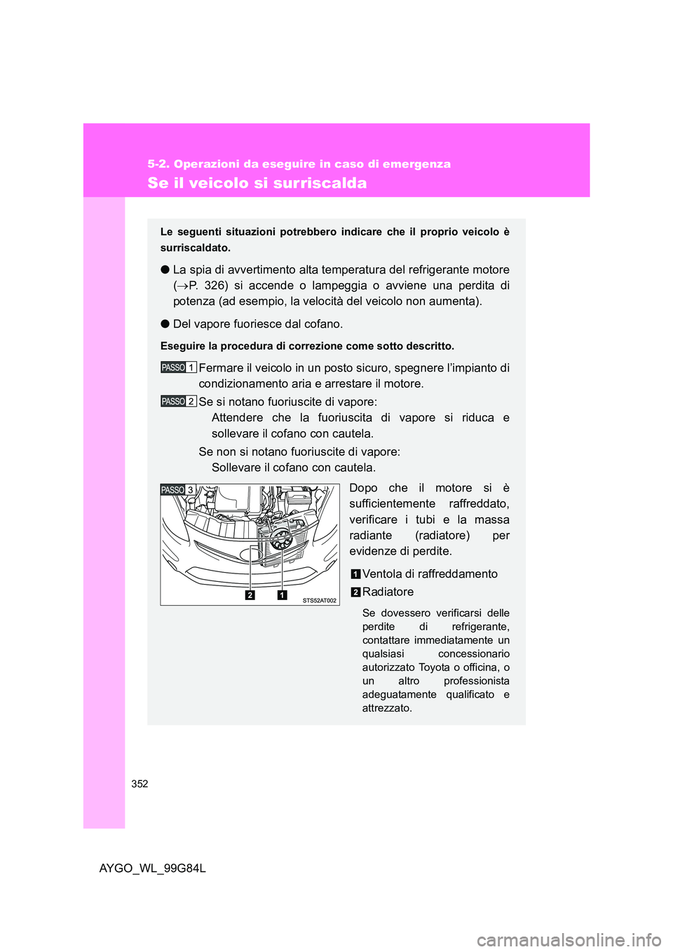 TOYOTA AYGO 2014 Manuale duso (in Italian) 352
5-2. Operazioni da eseguire in caso di emergenza
AYGO_WL_99G84L
Se il veicolo si surriscalda
Le seguenti situazioni potrebbero indicare che il proprio veicolo è
surriscaldato.
● La spia di avv TOYOTA AYGO 2014 Manuale duso (in Italian) 352
5-2. Operazioni da eseguire in caso di emergenza
AYGO_WL_99G84L
Se il veicolo si surriscalda
Le seguenti situazioni potrebbero indicare che il proprio veicolo è
surriscaldato.
● La spia di avv