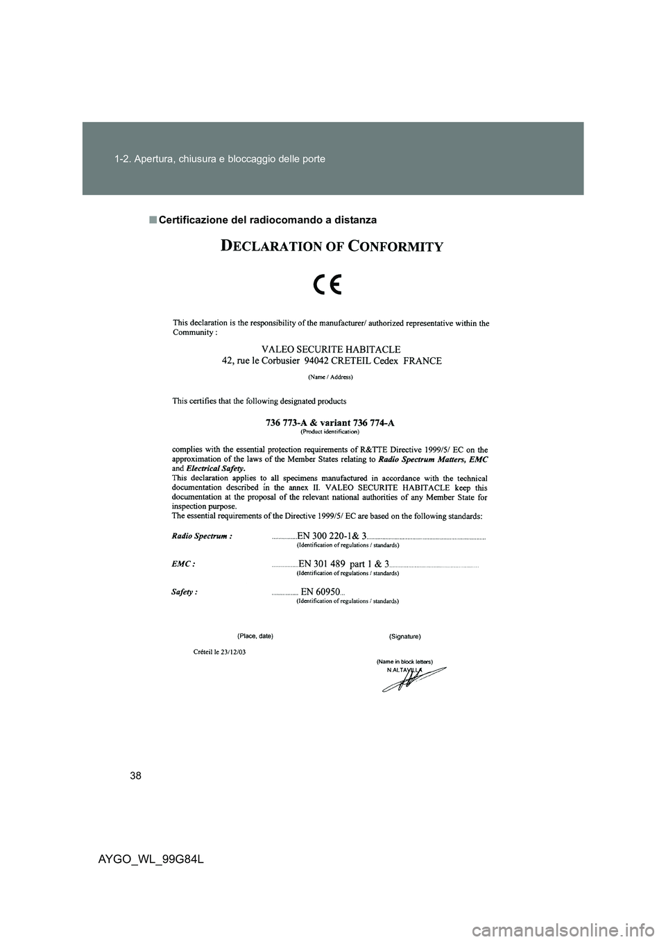 TOYOTA AYGO 2014  Manuale duso (in Italian) 38 
1-2. Apertura, chiusura e bloccaggio delle porte
AYGO_WL_99G84L
■ Certificazione del radiocomando a distanza 