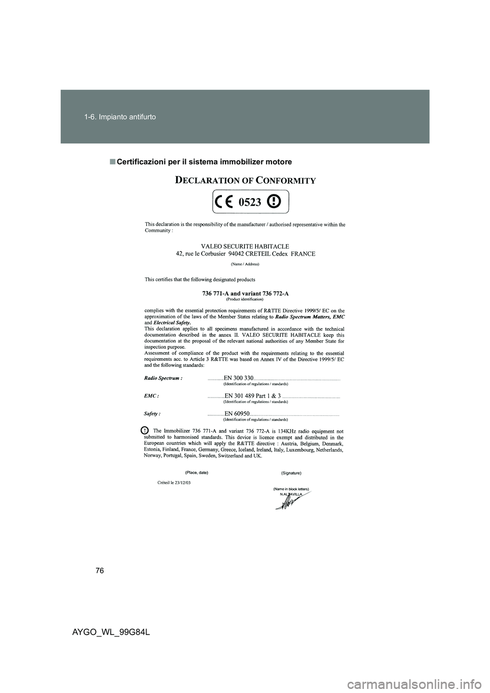 TOYOTA AYGO 2014 Manuale duso (in Italian) 76
1-6. Impianto antifurto
AYGO_WL_99G84L
■ Certificazioni per il sistema immobilizer motore TOYOTA AYGO 2014 Manuale duso (in Italian) 76
1-6. Impianto antifurto
AYGO_WL_99G84L
■ Certificazioni per il sistema immobilizer motore