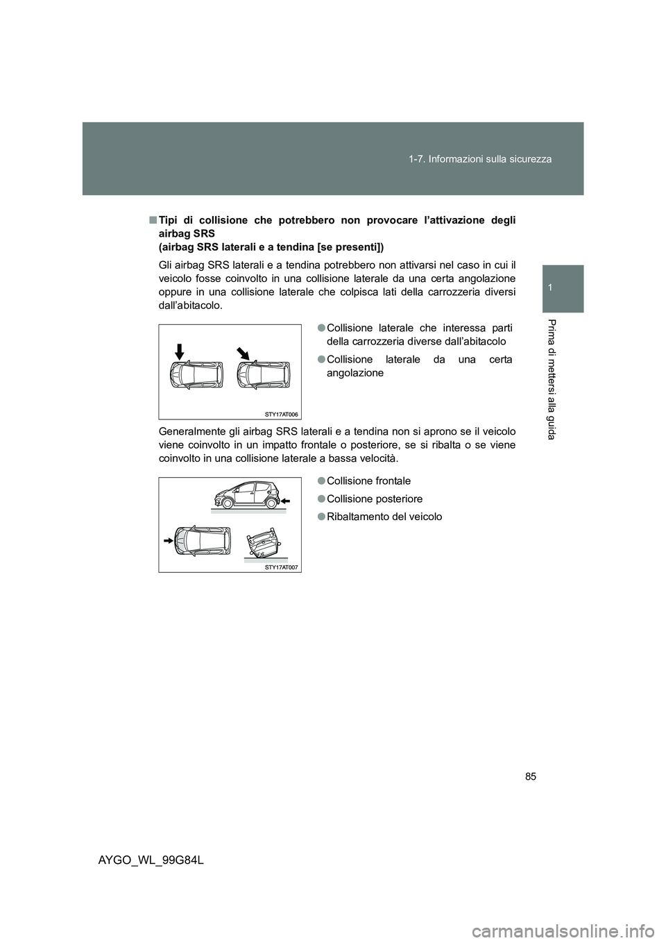 TOYOTA AYGO 2014 Manuale duso (in Italian) 85
1-7. Informazioni sulla sicurezza
1
Prima di mettersi alla guida
AYGO_WL_99G84L
■ Tipi di collisione che potrebbero non provocare l’attivazione degli
airbag SRS
(airbag SRS laterali e a tend TOYOTA AYGO 2014 Manuale duso (in Italian) 85
1-7. Informazioni sulla sicurezza
1
Prima di mettersi alla guida
AYGO_WL_99G84L
■ Tipi di collisione che potrebbero non provocare l’attivazione degli
airbag SRS
(airbag SRS laterali e a tend