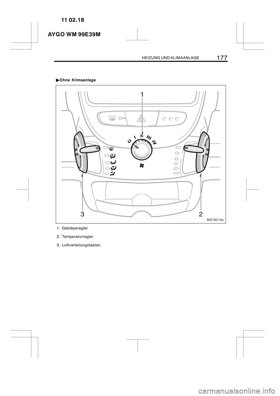 TOYOTA AYGO 2012  Betriebsanleitungen (in German) HEIZUNG UND KLIMAANLAGE177
MS18013a
1. Gebläseregler
2. Temperaturregler
3. Luftverteilungstasten
AYGO WM 99E39M11 02.18
"OhneKlimaanlage 