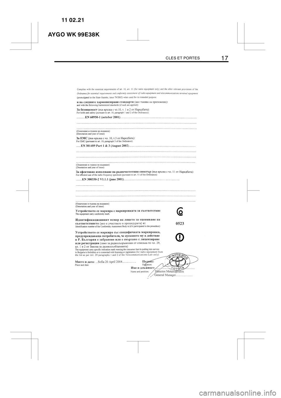 TOYOTA AYGO 2012  Notices Demploi (in French) CLES ET PORTES17
B0C0immo-
bi02Bulgaria
AYGO WK 99E38K11 02.21 